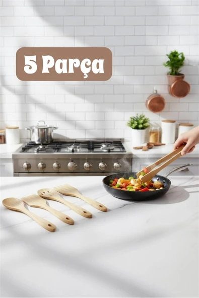 Bayev 5 Parça Bambu Servis Ve Spatula Seti - Bambu Mutfak Seti 30 Cm ürün görseli 1