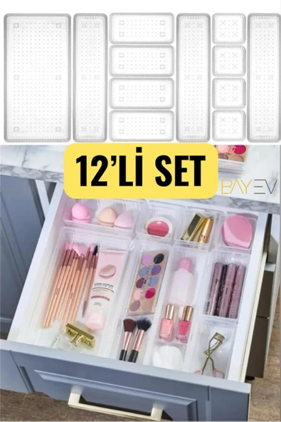 Bayev Bade 12'li Makyaj Organizeri Çekmece İçi Düzenleyici Set Şeffaf 4Kçk-40rt-3uzn-1Byk ürün görseli 1