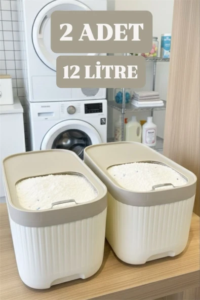 Bayev 2 Adet Apex Krem 12 Litre Kayar Kapaklı Deterjan Kabı-Ölçekli Tekerlekli Erzak Bakliyat Saklama Kutu ürün görseli 1