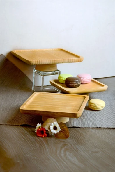 Bayev Bambu 3'Lü Kare Ayaklı Sunumluk Set - Ahşap Servis Sunum Tabağı 15-17-20 Cm ürün görseli 1
