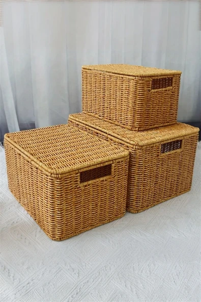 Bayev Crate 700789 3'Lü Rattan Kapaklı Dekoratif Kutu Sepet Set - 3 Boy Tutma Saplı Hasır Organizer Kutu ürün görseli 1