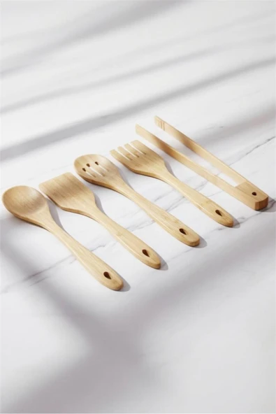 Bayev 5 Parça Bambu Servis Ve Spatula Seti - Bambu Mutfak Seti 30 Cm - Resim 2