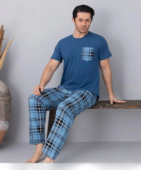 Pijamoni Erkek Bisiklet Yaka Kısa Kol İnce Pijama Takımı 6163/10 - 1 Adet  L Mavi ürün görseli 1