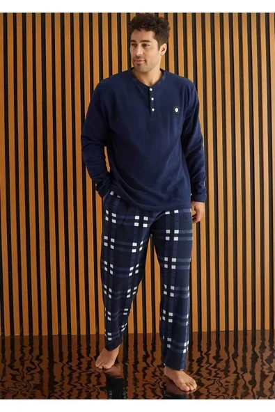 Pijamoni Erkek Düğme Yaka Kışlık Polar Pijama Takımı 6100/13 - 1 Adet  XL Lacivert ürün görseli 1