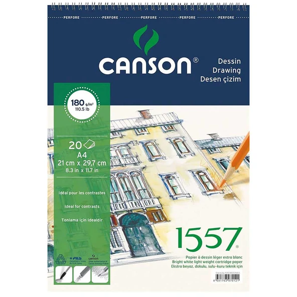 Canson A4 1557 Resim Ve Çizim Blok 180 Gr 20 Yaprak Resim Defteri Üstten Spiralli Fcns18020A4Us ürün görseli 1