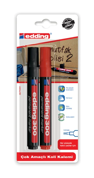 300 Permanent Markör Kalem Koli Kalemi (Yeniden Doldurulabilir) 1.5-3Mm 2 Li Siyah - Kırmızı (Blister Paket) ürün görseli 1
