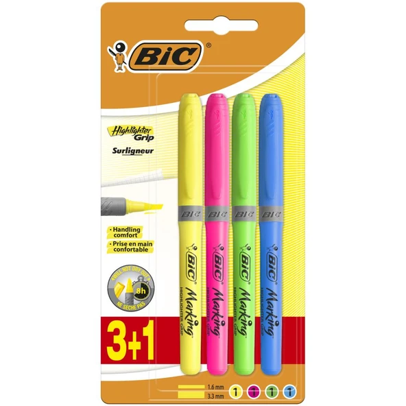 Bic Marking Highlighter Grip Kalem Tipi Fosforlu İşaret Kalemi 1,6 - 3,4 Mm (3+1 Set) 824757 ürün görseli 1