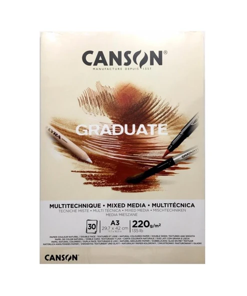 Canson A3 Çizim Bloğu (Çizim Defteri) Graduate Mix Media Natural 30 Yaprak 220 Gram 400110369 ürün görseli 1