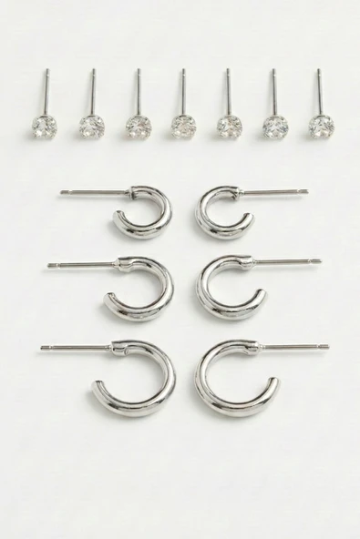 Silver Mini 3 Çift Halka Ve 6 Adet Zrikon Taşlı Küpe Seti ürün görseli 1