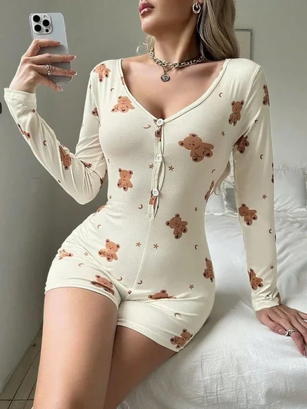 Pamuklu Ekru Ayıcık Desenli Düğmeli Tulum Pijama ürün görseli 1
