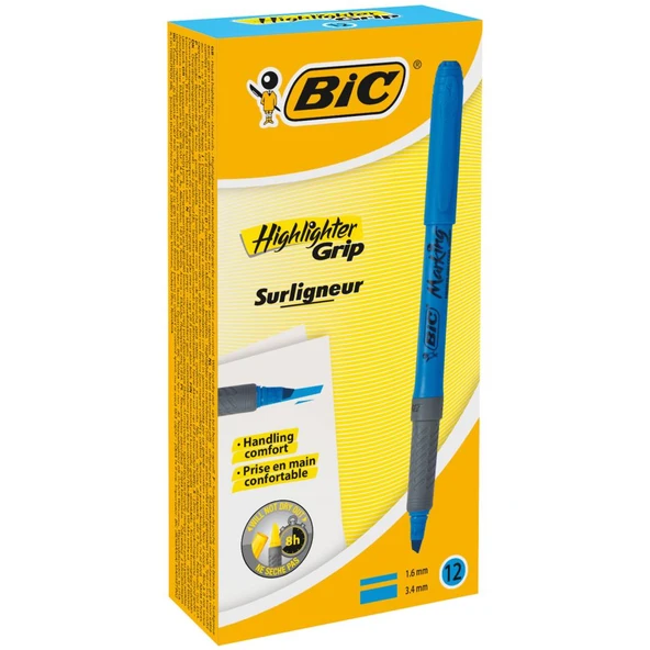 Bic Marking Highlighter Grip Kalem Tipi Fosforlu İşaret Kalemi 1,6 - 3,4 Mm Mavi (12 Li Kutu) 811931 ürün görseli 1