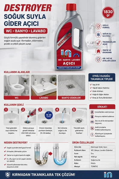 Destroyer Soğuk Suyla Banyo WC Lavabo Gider Açıcı 1830 gr ürün görseli 1