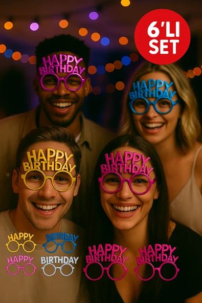 6’lı Set Happy Birthday Parti Gözlüğü – Metalik Renk Karışık Doğum Günü Eğlence Aksesuarı ürün görseli 1