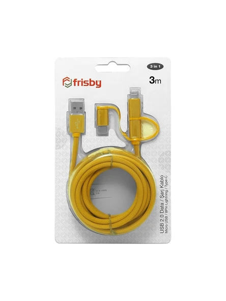 Frisby Fa-7556Uc Örgülü 3Mt Usb Data - Şarj Kablo (İos-Android-Type-C) Sarı - Resim 3