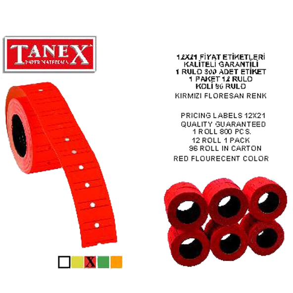 Tanex Makine Etiketi 12X21 Mm Çizgili Fosforlu Kırmızı 6 Lı Tnx1221530800 (1 Paket 6 Adet) ürün görseli 1