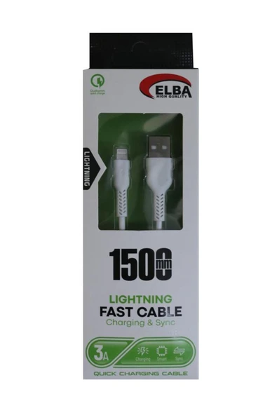 Elb38-L1 1,5 Metre İphone Lightning Beyaz 3A Hızlı Şarj Kablosu ürün görseli 1