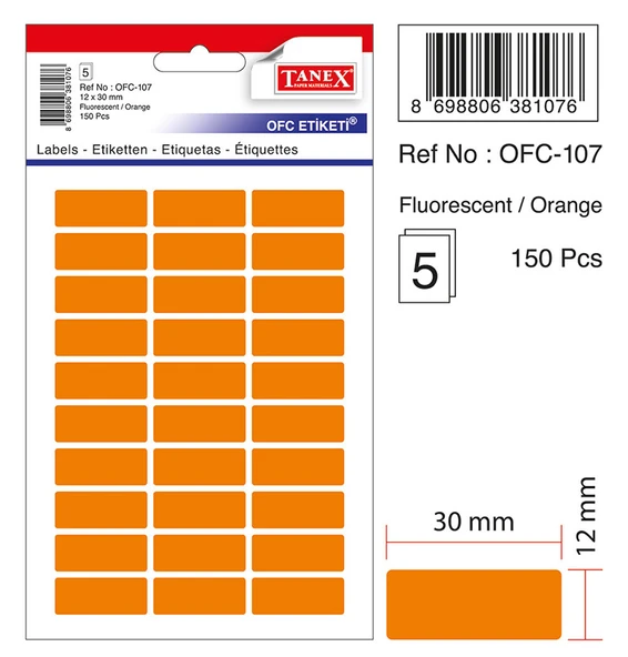 Tanex Ofc-107 Ofis Etiketi Poşetli 12X30 Mm Fosforlu Turuncu (10 Lu Paket) ürün görseli 1