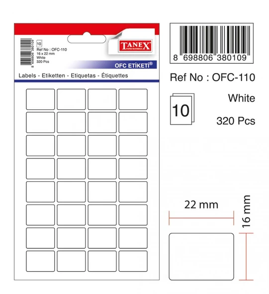Tanex Ofc-110 Ofis Etiketi Poşetli 16X22 Mm Beyaz (10 Lu Paket) ürün görseli 1