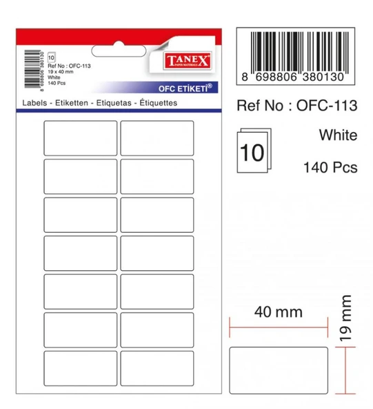 Tanex Ofc-113 Ofis Etiketi Poşetli 19X40 Mm Beyaz (10 Lu Paket) ürün görseli 1