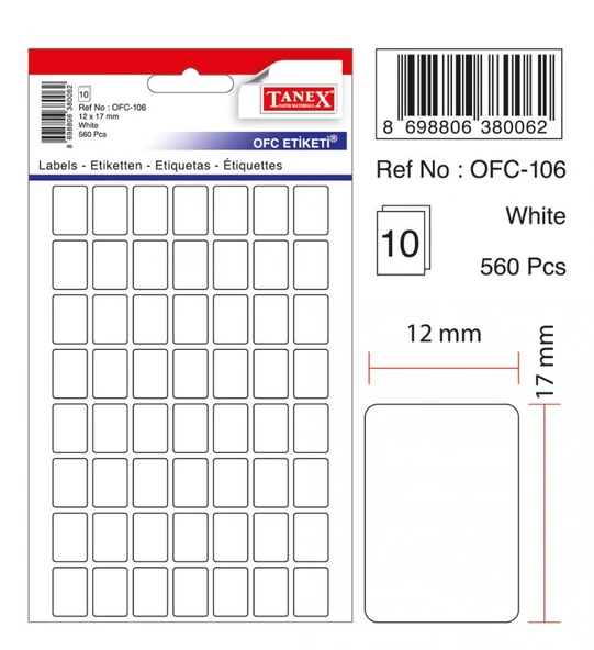 Tanex Ofc-106 Ofis Etiketi Poşetli 12X17 Mm Beyaz (10 Lu Paket) ürün görseli 1