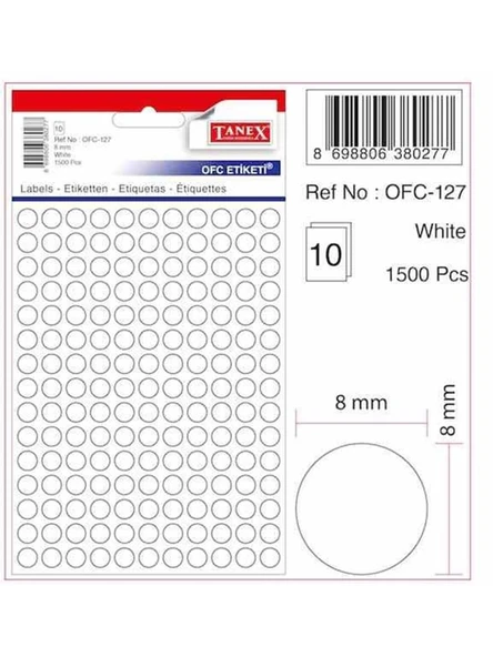 Tanex Ofis Etiketi 0.8Mm Yuvarlak Beyaz Ofc-127 (10 Lu Paket) ürün görseli 1