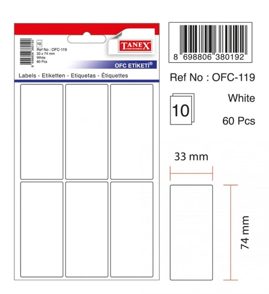 Tanex Ofc-119 Ofis Etiketi Poşetli 33X74 Mm Beyaz (10 Lu Paket) ürün görseli 1