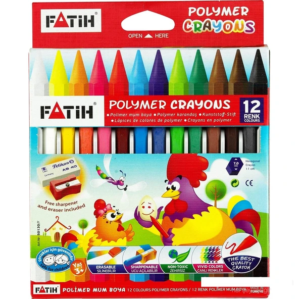 Fatih Crayon Mum Boya 12 Renk Uzun Silgi + Kalemtraş FA50130CB12RUZ ürün görseli 1