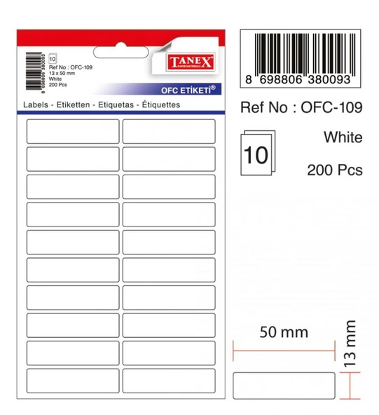 Tanex Ofc-109 Ofis Etiketi Poşetli 13X50 Mm Beyaz (10 Lu Paket) ürün görseli 1