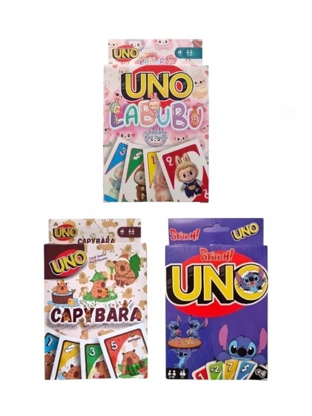 Capybara Uno + Stitch Uno + Labubu Uno Oyun Kartları 3'lü Set ürün görseli 1