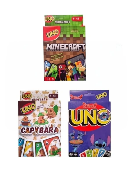 Capybara Uno + Stitch Uno + Minecraft Uno Oyun Kartları 3'lü Set ürün görseli 1