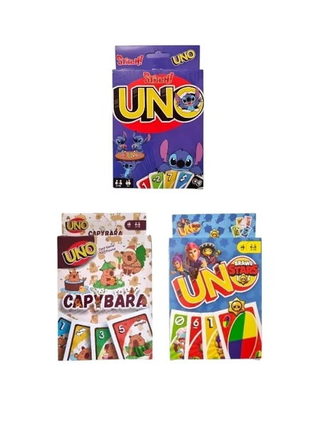 Capybara Uno + Brawlstars Uno + Stitch Uno Oyun Kartları 3'lü Set ürün görseli 1