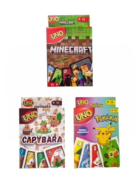 Capybara Uno + Pokemon Uno + Minecraft Uno Oyun Kartları 3'lü Set ürün görseli 1