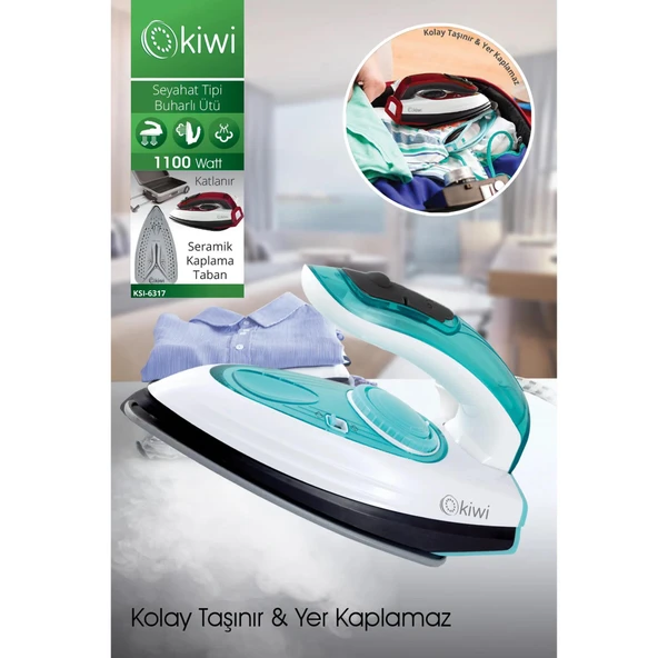 Kiwi KSI-6317 Seyahat Tipi Buharlı Ütü Seramik Kaplama Taban Mavi ürün görseli 1