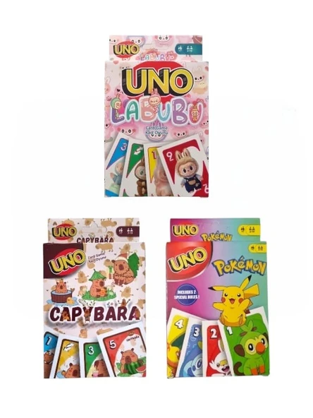 Capybara Uno + Pokemon Uno + Labubu Uno Oyun Kartları 3'lü Set ürün görseli 1