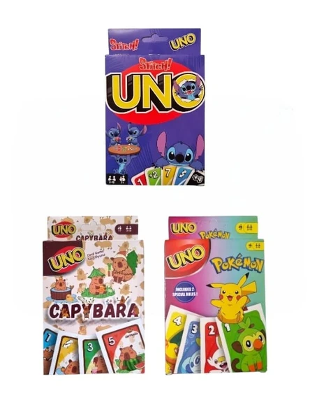 Capybara Uno + Pokemon Uno + Stitch Uno Oyun Kartları 3'lü Set ürün görseli 1