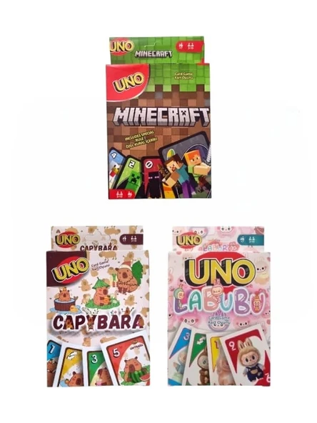 Capybara Uno + Labubu Uno + Minecraft Uno Oyun Kartları 3'lü Set ürün görseli 1