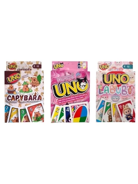 Capybara Uno + Kuromi Uno + Labubu Uno Oyun Kartları 3'lü Set ürün görseli 1