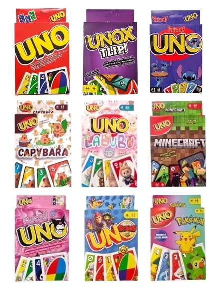Uno + Unox +  Kuromi + Brawlstars + Pokemon + Capybara + Labubu + Minecraft + Lilo & Stitch Uno 9'lu Set ürün görseli 1