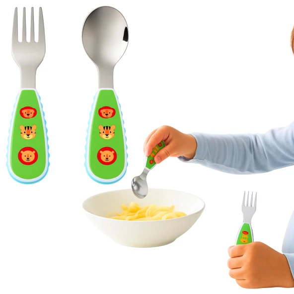 Perlotus 12 cm Çocuk Bebek Kaşık Çatal Seti Paslanmaz Çelik Hayvan Desenli ürün görseli 1