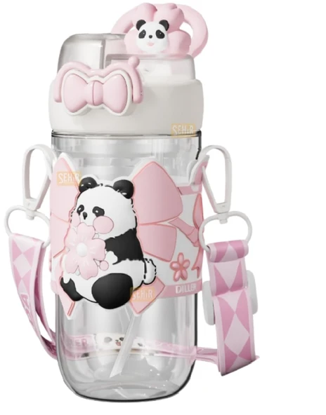 BENİSA SHOP DILLER MATARA 580 ML ÇİFT BAŞLIKLI TRITAN SULUK panda figürlü slikon gövde ürün görseli 1