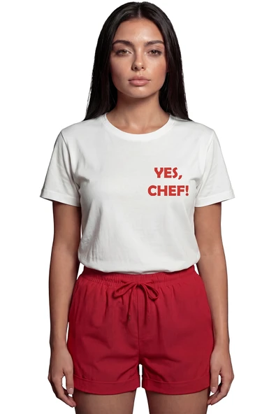 ''Yes, Chef!'' Yazılı Minimalist Baskılı %100 Pamuk Rahat Kesim Premium Kadın Tişört ürün görseli 1