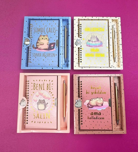 BENİSA SHOP kedi mottolu kilitli defter HALLEDEĞİM MOTTOLU KALEM HEDYELİ KİLİTLİ KUTULU DEFTER ürün görseli 1