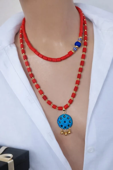 Luna Mat Kırmızı Cam Boncuk Süryani Taşlı İkili Kolye Seti Choker Uzun Kolye Kutulu ürün görseli 1