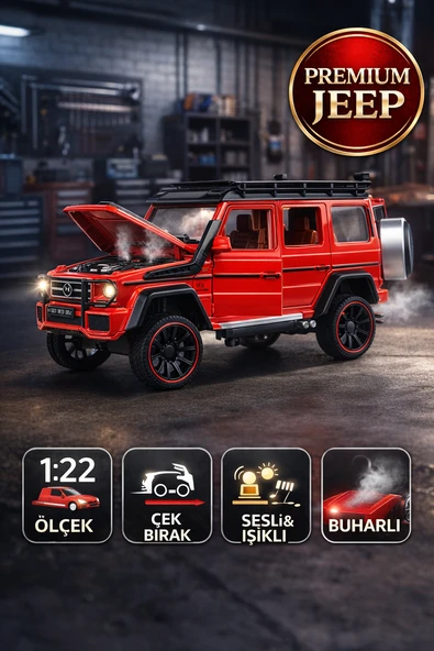 Kırmızı Premium Die Cast Jeep Oyuncak Araba 1:22 Sesli Işıklı Buharlı Çek Bırak ürün görseli 1