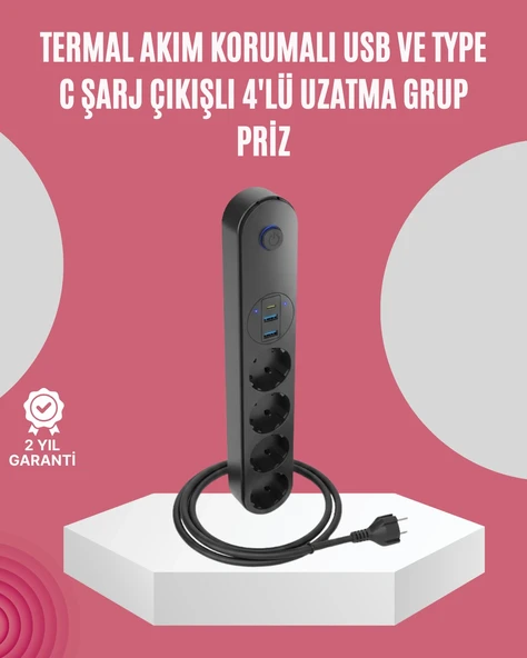 Led Anahtarlı Akım Korumalı Çoklu Priz 4 Priz 3 Usb Girişli ürün görseli 1