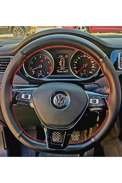 DİKİŞLİ DİREKSİYON KILIFI NOKTALI DERİ MİNİKARE KARBON DERİ KIRMIZI DİKİŞLİ VW JETTA İÇİN ürün görseli 1