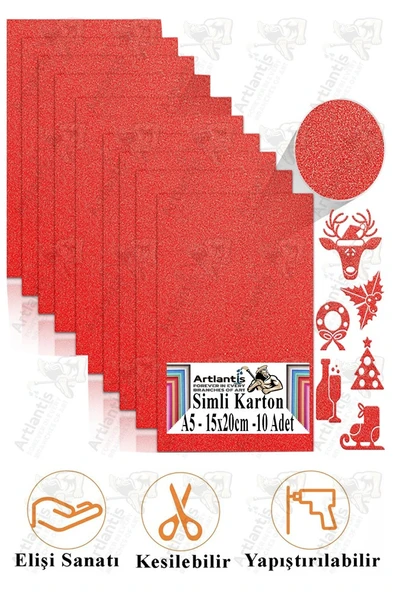 Kırmızı Simli Karton A5 15x20 cm 10 lu 1 Paket Simli Fon Kartonu Parıltılı Kağıt Anasınıfı Kreş Etkinlik Proje ürün görseli 1