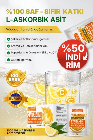 C Vitamini %100 Saf Askorbik Asit (L-Askorbik Asit) Saşe Form %50 İNDİRİM ürün görseli 1