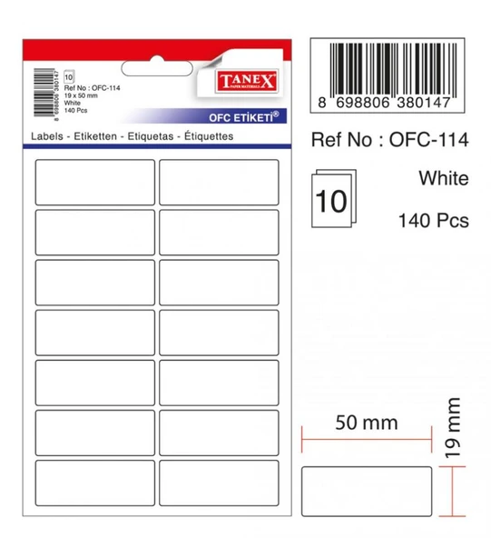 Tanex Ofc-114 Ofis Etiketi Poşetli 19X50 Mm Beyaz (10 Lu Paket) ürün görseli 1