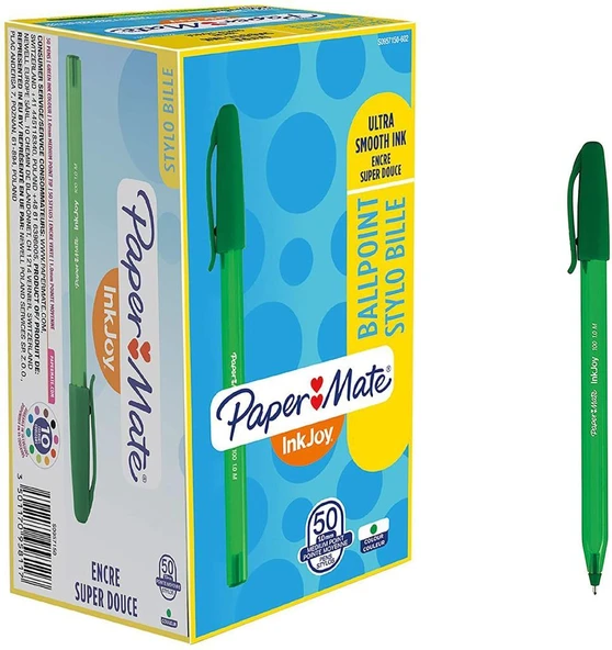 Papermate Inkjoy 100 Kapaklı Tükenmez Kalem Ulv Mürekkepli 1.0 Mm Medium Uç Yeşil (50 Li Paket) S0957150 ürün görseli 1